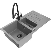 Mexen Matias 1,5-Becken-Granitspüle mit Abtropffläche und Mischbatterie Duo, Grau - 6502-71-671701-70-B