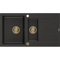 Mexen Matias 1,5-Becken-Granitspüle mit Abtropffläche 900 x 505 mm, Schwarz/Gold metallisch, Siphon Gold - 6502901505-75-G