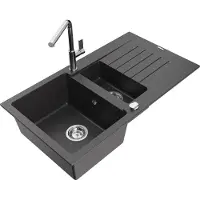 Mexen Matias 1,5-Becken-Granitspüle mit Abtropffläche und Mischbatterie Flora, Schwarz gesprenkelt - 6502-76-670401-00