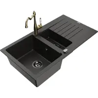 Mexen Matias 1,5-Becken-Granitspüle mit Abtropffläche und Mischbatterie Carla Schwarz/Gold metallisch - 6502-75-670700-50-B