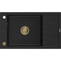 Mexen Elias Granitspüle mit einem Becken und einer Abtropffläche 795 x 480 mm, Schwarz, Siphon Gold - 6511791005-77-G