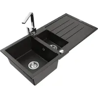 Mexen Andres 1,5-Becken-Granitspüle mit Abtropffläche und Mischbatterie Rita, Schwarz/Gold metallisch- 6515-75-670300-00