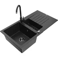 Mexen Matias 1,5-Becken-Granitspüle mit Abtropffläche und Mischbatterie Telma, Schwarz/Silber - 6502-73-670200-70-B