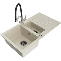 Mexen Matias 1,5-Becken-Granitspüle mit Abtropffläche und Mischbatterie Duo, Beige - 6502-69-671701-07-B