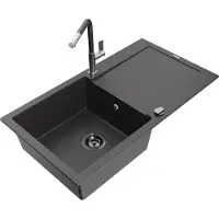 Mexen Leo 1 Becken-Granitspüle mit Abtropffläche und Mischbatterie Flora, Schwarz gesprenkelt - 6501-76-670401-08-B