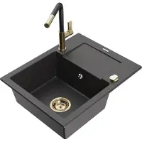 Mexen Enzo 1 Becken-Granitspüle mit Abtropffläche und Mischbatterie Flora, Schwarz gesprenkelt - 6506-76-670401-57-G