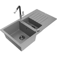 Mexen Matias 1,5-Becken-Granitspüle mit Abtropffläche und Mischbatterie Flora, Grau - 6502-71-670401-07-B