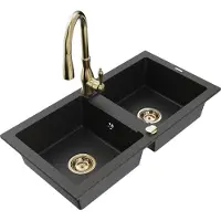 Mexen Mario 2-Becken-Granitspüle mit Mischbatterie Savita, Schwarz/Silbermetallic - 6504-73-672601-50