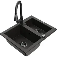 Mexen Carlos 1,5-Becken-Granitspüle mit Mischbatterie Elia, Schwarz/Gold metallisch - 6518-75-670101-70-B