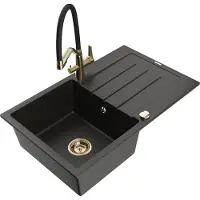 Mexen Bruno 1 Becken-Granitspüle mit Abtropffläche und Mischbatterie Duo, Schwarz/Gold metallisch - 6513-75-671701-57-G