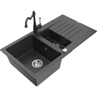 Mexen Matias 1,5-Becken-Granitspüle mit Abtropffläche und Mischbatterie Carla, Schwarz gesprenkelt - 6502-76-670700-76