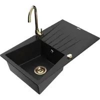 Mexen Cesar 1 Becken-Granitspüle mit Abtropffläche und Mischbatterie Telma, Schwarz - 6514-77-670200-50