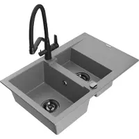 Mexen Gaspar 1,5-Becken-Granitspüle mit Abtropffläche und Mischbatterie Duo, Grau - 6507-71-671701-70-B