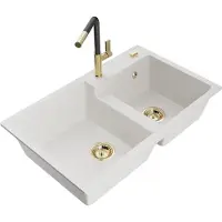Mexen Tomas 2-Becken-Granitspüle mit Mischbatterie Flora, Weiß - 6516-20-670401-57-G