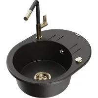 Mexen Kevin 1 Becken-Granitspüle mit Abtropffläche und Mischbatterie Flora, Schwarz/Gold metallisch - 6517-75-670401-57-G