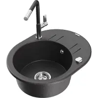 Mexen Kevin 1 Becken-Granitspüle mit Abtropffläche und Mischbatterie Flora, Schwarz gesprenkelt - 6517-76-670401-07