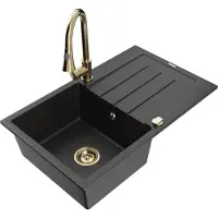 Mexen Bruno 1 Becken-Granitspüle mit Abtropffläche und Mischbatterie Elia, Schwarz/Silbermetallic - 6513-73-670101-50