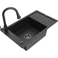 Mexen Elias 1 Becken-Granitspüle mit Abtropffläche und Mischbatterie Elia, Schwarz/Silbermetallic - 6511-73-670101-70-B