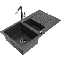 Mexen Matias 1,5-Becken-Granitspüle mit Abtropffläche und Mischbatterie Flora, Schwarz gesprenkelt - 6502-76-670401-08-B