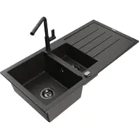 Mexen Andres 1,5-Becken-Granitspüle mit Abtropffläche und Mischbatterie Flora, Schwarz/gold - 6515-75-670401-70-B
