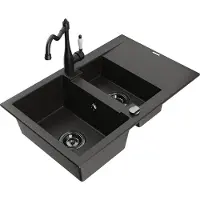 Mexen Gaspar 1,5-Becken-Granitspüle mit Abtropffläche und Mischbatterie Carla Schwarz/Gold metallisch - 6507-75-670700-70-B