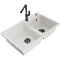 Mexen Tomas 2-Becken-Granitspüle mit Mischbatterie Flora, Weiß - 6516-20-670401-70-B