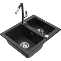 Mexen Carlos 1,5-Becken-Granitspüle mit Mischbatterie Flora, Schwarz/Gold metallisch - 6518-75-670401-07