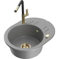 Mexen Kevin 1 Becken-Granitspüle mit Abtropffläche und Mischbatterie Flora, Grau - 6517-71-670401-57-G