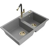 Mexen Tomas 2-Becken-Granitspüle mit Mischbatterie Flora, Grau - 6516-71-670401-57-G