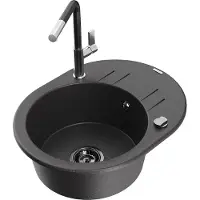 Mexen Kevin 1 Becken-Granitspüle mit Abtropffläche und Mischbatterie Flora, Schwarz gesprenkelt - 6517-76-670401-07-B