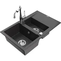 Mexen Gaspar 1,5-Becken-Granitspüle mit Abtropffläche und Mischbatterie Carla, Schwarz gesprenkelt - 6507-76-670700-00