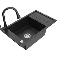 Mexen Elias 1 Becken-Granitspüle mit Abtropffläche und Mischbatterie Elia, Schwarz/Silbermetallic - 6511-73-670101-70
