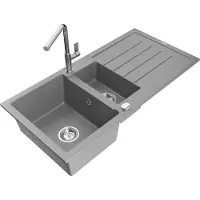 Mexen Andres 1,5-Becken-Granitspüle mit Abtropffläche und Mischbatterie Flora, Grau - 6515-71-670401-00