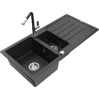 Mexen Andres 1,5-Becken-Granitspüle mit Abtropffläche und Mischbatterie Flora, Schwarz/Silber - 6515-73-670401-07