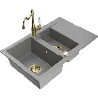 Mexen Gaspar 1,5-Becken-Granitspüle mit Abtropffläche und Mischbatterie Carla, Grau - 6507-71-670700-50
