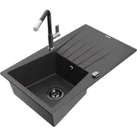 Mexen Cesar 1 Becken-Granitspüle mit Abtropffläche und Mischbatterie Flora, Schwarz gesprenkelt - 6514-76-670401-07-B