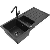 Mexen Andres 1,5-Becken-Granitspüle mit Abtropffläche und Mischbatterie Flora, Schwarz/Silber - 6515-73-670401-70-B