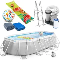 Intex Prism Frame Oval Swimming Pool 610x305x122 cm Schwimmbecken Komplett-Set mit Leiter & Pumpe sowie Extra-Zubehör wie: Strandball und Luftmatratze