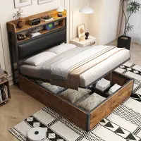 Youjia Bettrahmen 90 x 200 mit hydraulischem Hubmechanismus, USB, gepolstertem Kopfteil, Retro-Holz- und Metalldesign