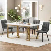 Fortuna Lai Essgruppe (5-tlg),Esstisch mit 4 Stühlen Set, Moderner Küchentisch Set , 140×80cm Küchentisch mit Golden Metallbeinen, MDF Tischplatte in Weißer,Dunkelgrau Samt Esszimmerstühle