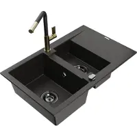 Mexen Gaspar 1,5-Becken-Granitspüle mit Abtropffläche und Mischbatterie Flora, Schwarz/gold - 6507-75-670401-57-B