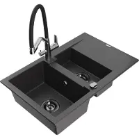 Mexen Gaspar 1,5-Becken-Granitspüle mit Abtropffläche und Mischbatterie Duo, Schwarz gesprenkelt - 6507-76-671701-07-B