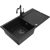 Mexen Leo 1 Becken-Granitspüle mit Abtropffläche und Mischbatterie Carla, Schwarz - 6501-77-670700-70-B
