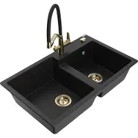 Mexen Tomas 2-Becken-Granitspüle mit Mischbatterie Duo, Schwarz - 6516-77-671701-57-G