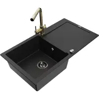 Mexen Leo 1 Becken-Granitspüle mit Abtropffläche und Mischbatterie Duero, Schwarz - 6501-77-671600-50-B