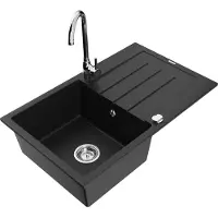 Mexen Bruno 1 Becken-Granitspüle mit Abtropffläche und Mischbatterie Telma, Schwarz - 6513-77-670200-00