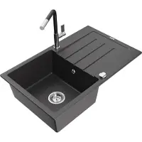 Mexen Bruno 1 Becken-Granitspüle mit Abtropffläche und Mischbatterie Flora, Schwarz gesprenkelt - 6513-76-670401-07