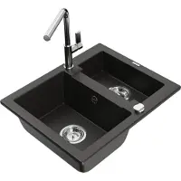 Mexen Carlos 1,5-Becken-Granitspüle mit Mischbatterie Flora, Schwarz/Gold metallisch - 6518-75-670401-00