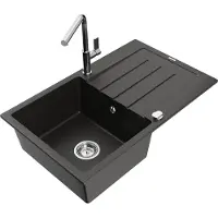 Mexen Bruno 1 Becken-Granitspüle mit Abtropffläche und Mischbatterie Flora, Schwarz/Gold metallisch - 6513-75-670401-00