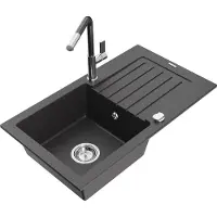 Mexen Pablo 1 Becken-Granitspüle mit Abtropffläche und Mischbatterie Flora, Schwarz/Gold metallisch - 6510-76-670401-08